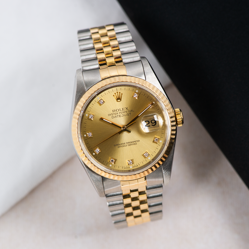 Rolex Oyster Perpetual Datejust 16233 Champagne Diamond Dial 1989 molevintagewatches