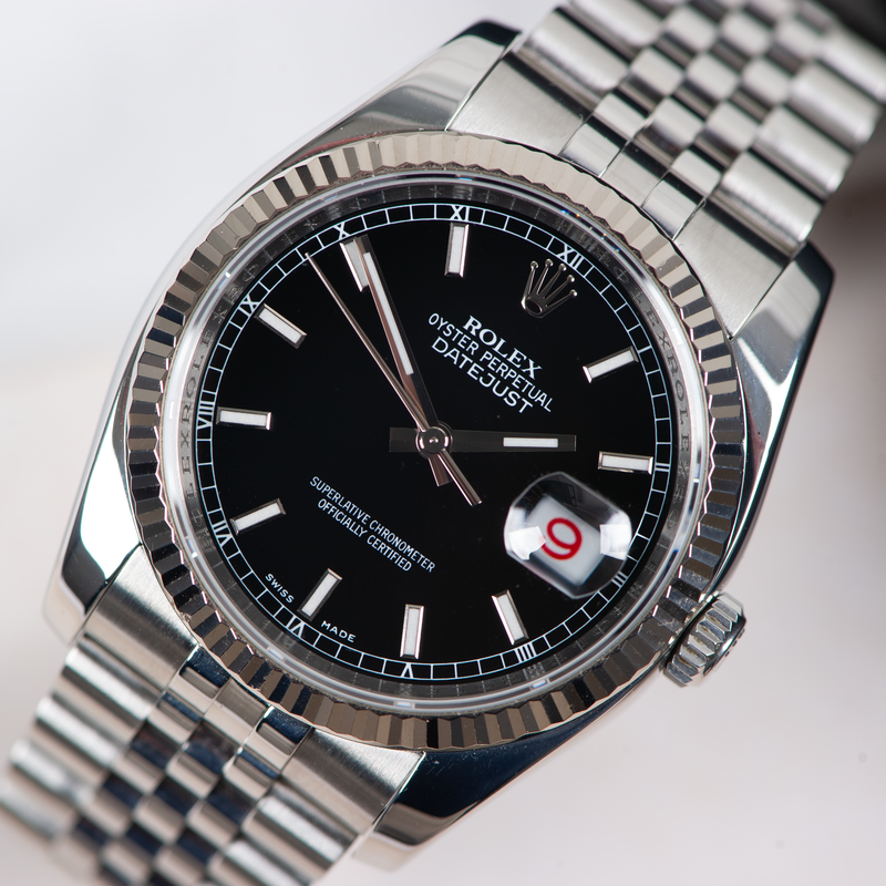 Rolex Oyster Perpetual Datejust 116234 Black Dial "Roulette" Date Wheel 2006 with Papers