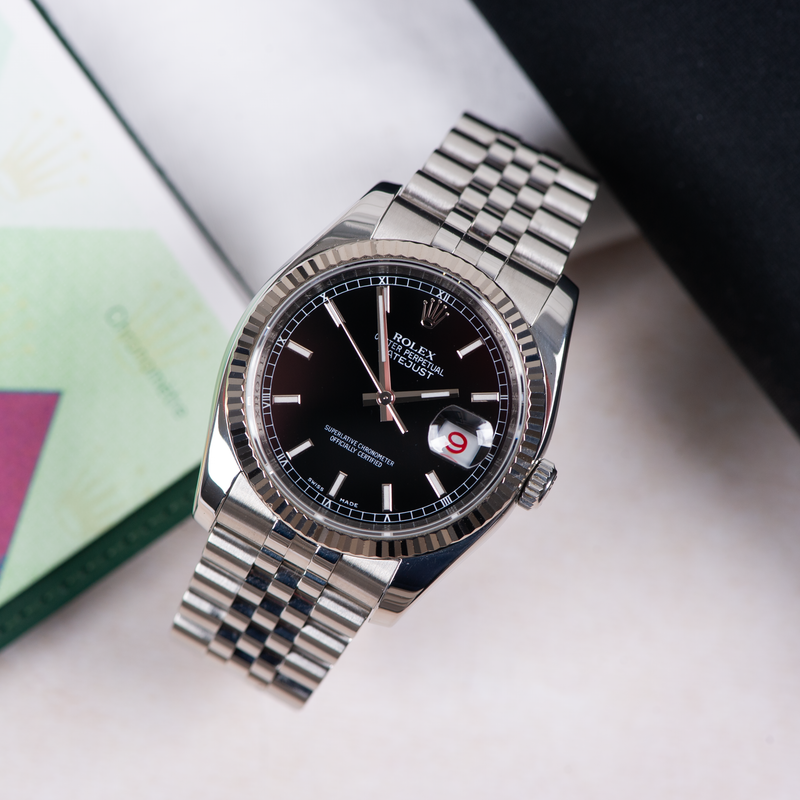 Rolex Oyster Perpetual Datejust 116234 Black Dial "Roulette" Date Wheel 2006 with Papers