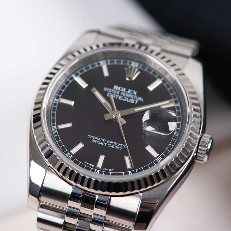 Rolex Oyster Perpetual Datejust 116234 Black Dial "Roulette" Date Wheel 2006 with Papers