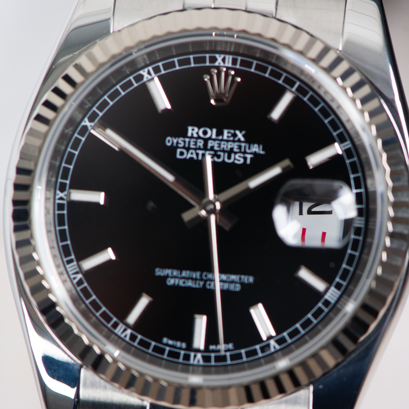 Rolex Oyster Perpetual Datejust 116234 Black Dial "Roulette" Date Wheel 2006 with Papers