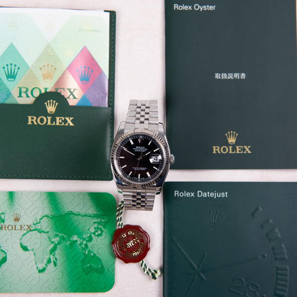 Rolex Oyster Perpetual Datejust 116234 Black Dial "Roulette" Date Wheel 2006 with Papers